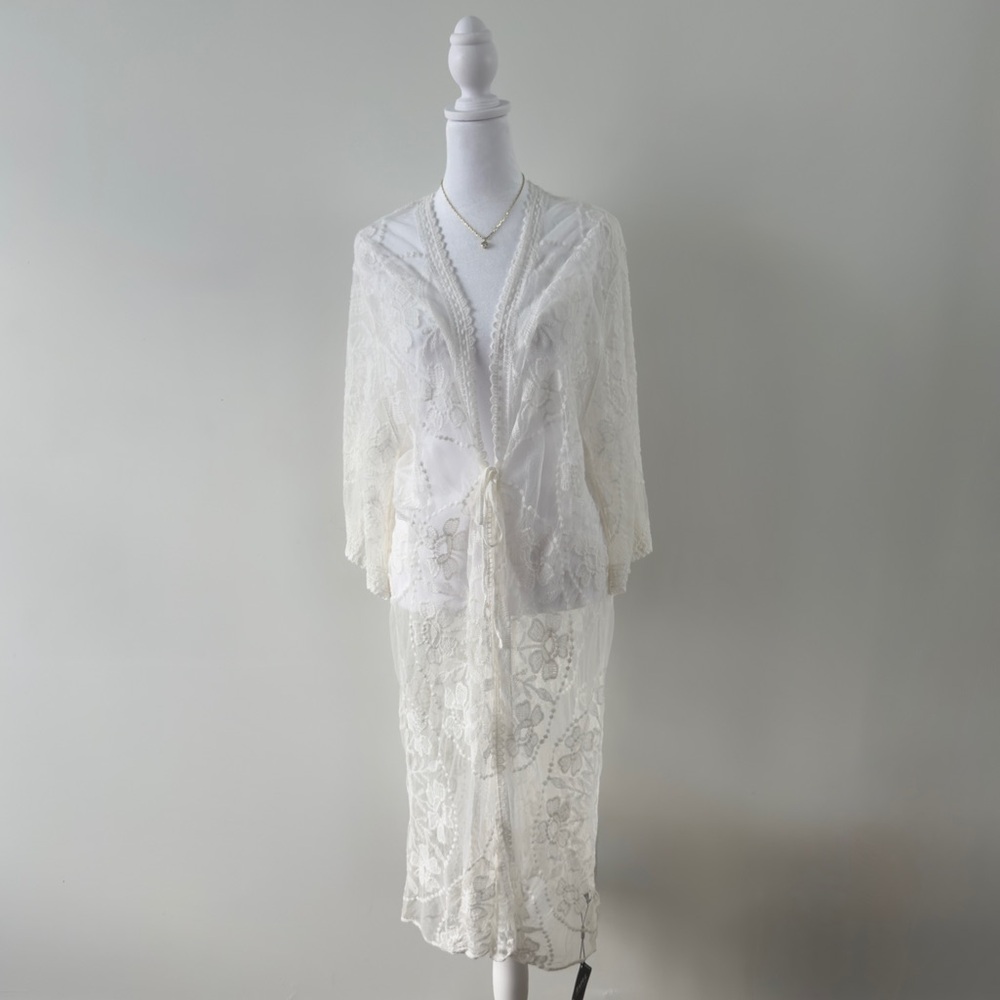 Zaful White Lace Beach Cover-Up Kimono Sheer Floral Swim Cover Up